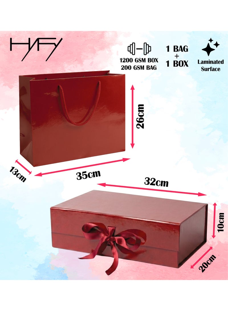 هاي فاي صندوق هدايا أحمر كرزي مع حقيبة هدايا 32 × 20 × 10 سم صندوق هدايا كبير فاخر أحمر صناديق هدايا إغلاق مغناطيسي مع شريط بغطاء قابل للطي صناديق للنساء هدايا الزفاف وهدايا عيد الميلاد وهدايا الزفاف والتغليف - Image 2